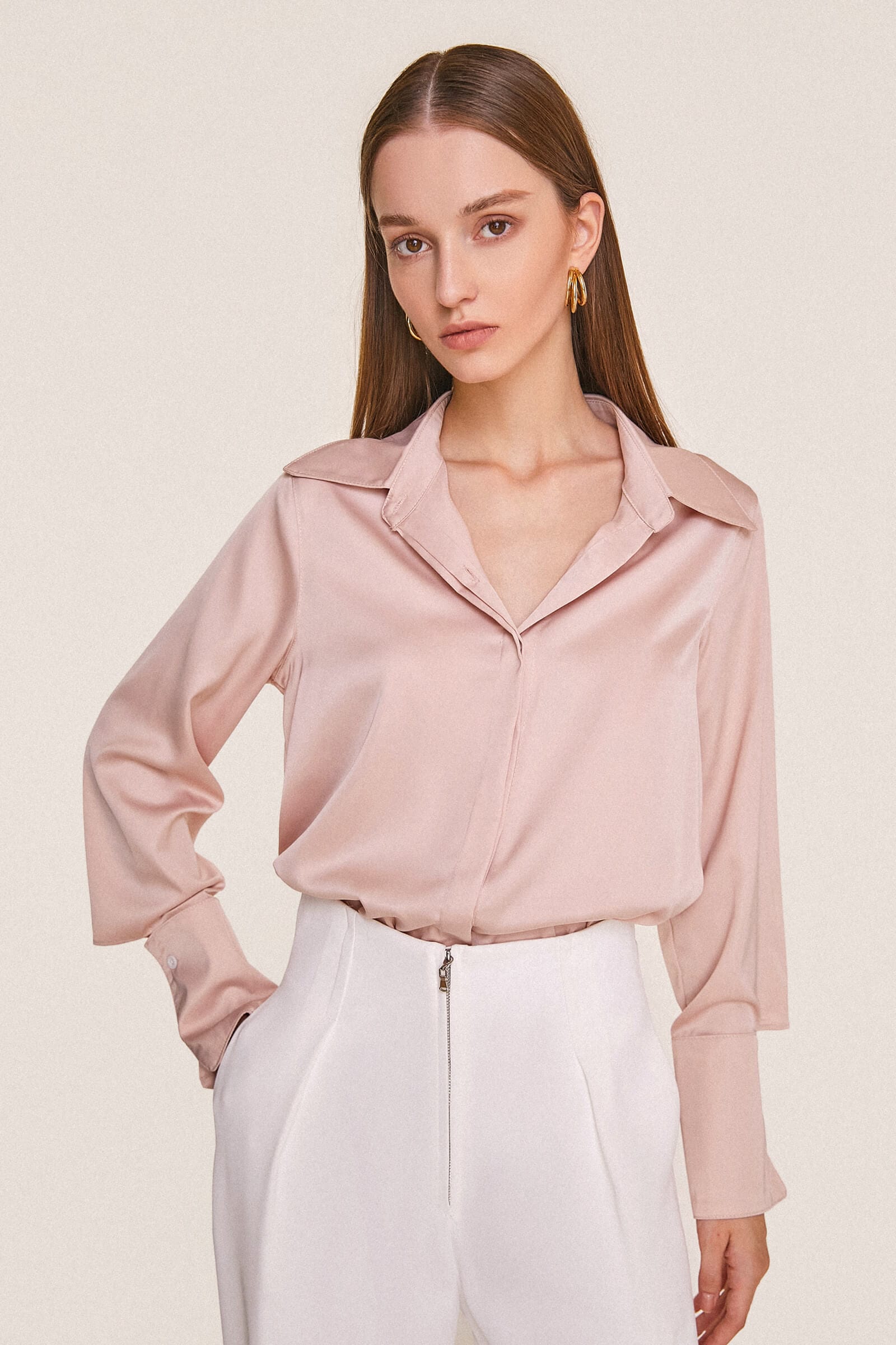 Pink Button-Up Satin Work Shirt