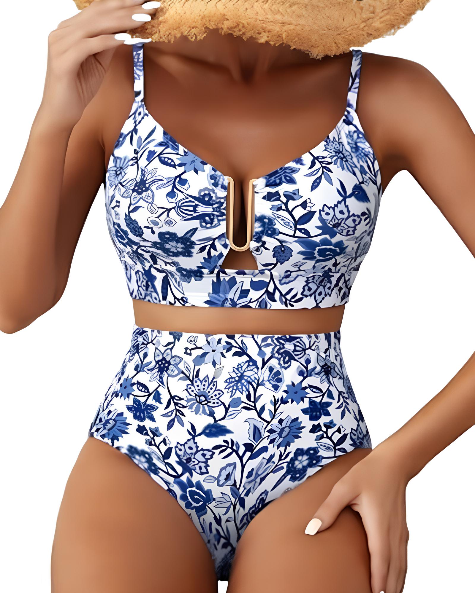 Women's V-neck Floral High-waisted Tummy-control Bikini Swimsuit