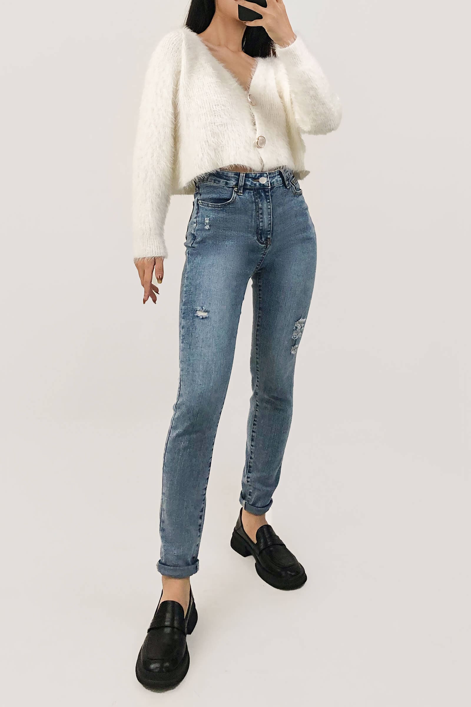 Ivory V-Neck Fuzzy Knit Cropped Cardigan