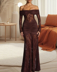 Lace Off-shoulder Fitted Long-sleeved Fishtail Maxi Dress