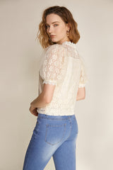 Ivory Floral Lace Round Neck Puff Sleeve Blouse