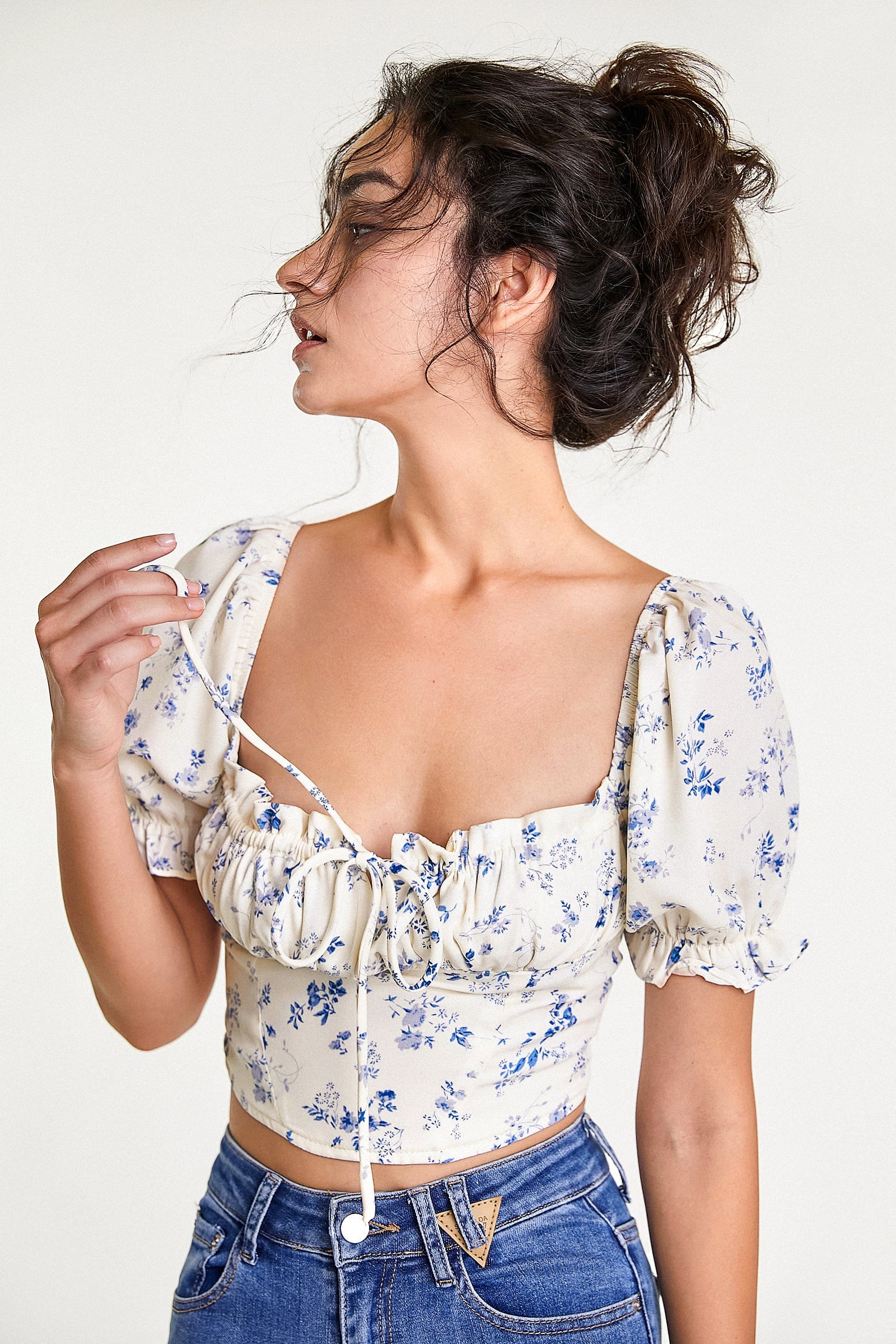 Ivory Floral Print Square Neck Cropped Blouse