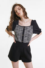 Black Tweed Square Neck Button Detail Puff Sleeve Blouse