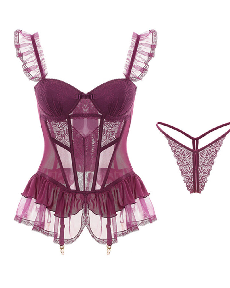 Lace Mesh See-through Underwire Tutu Skirt Lingerie Set