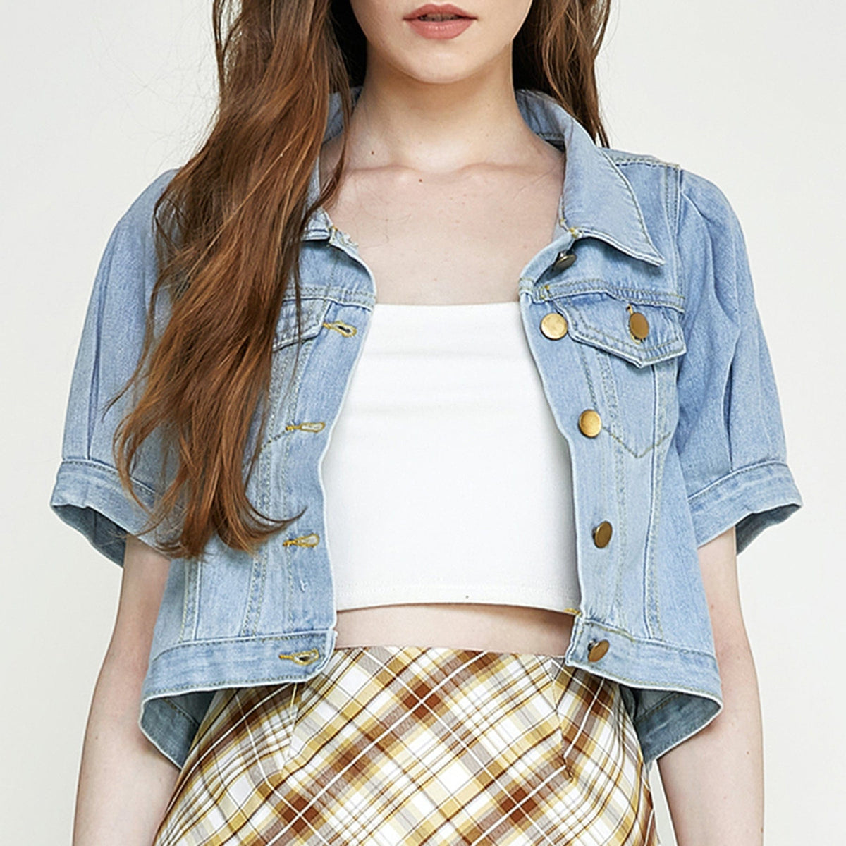 Light Slate Gray Puff Sleeve Pocket Detail Cropped Denim Jacket