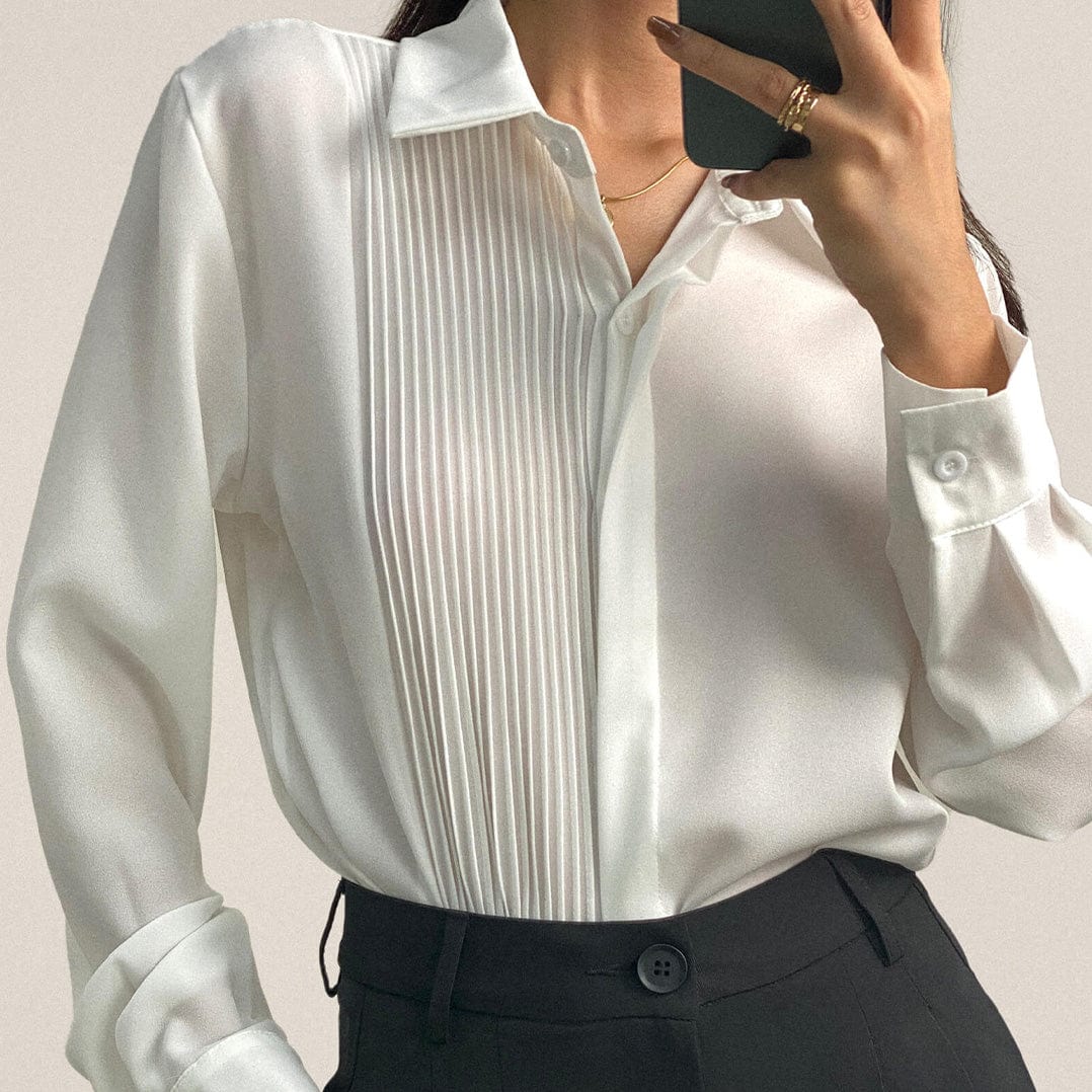 White Pleat Detail Long Sleeve Button-Up Chiffon Shirt