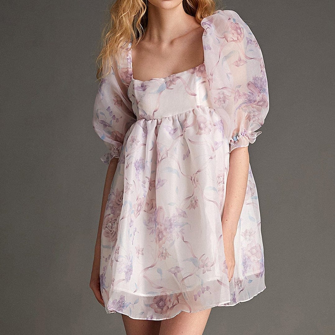 Plum Organza Floral Print Square Neck Puff Sleeve Babydoll Mini Dress