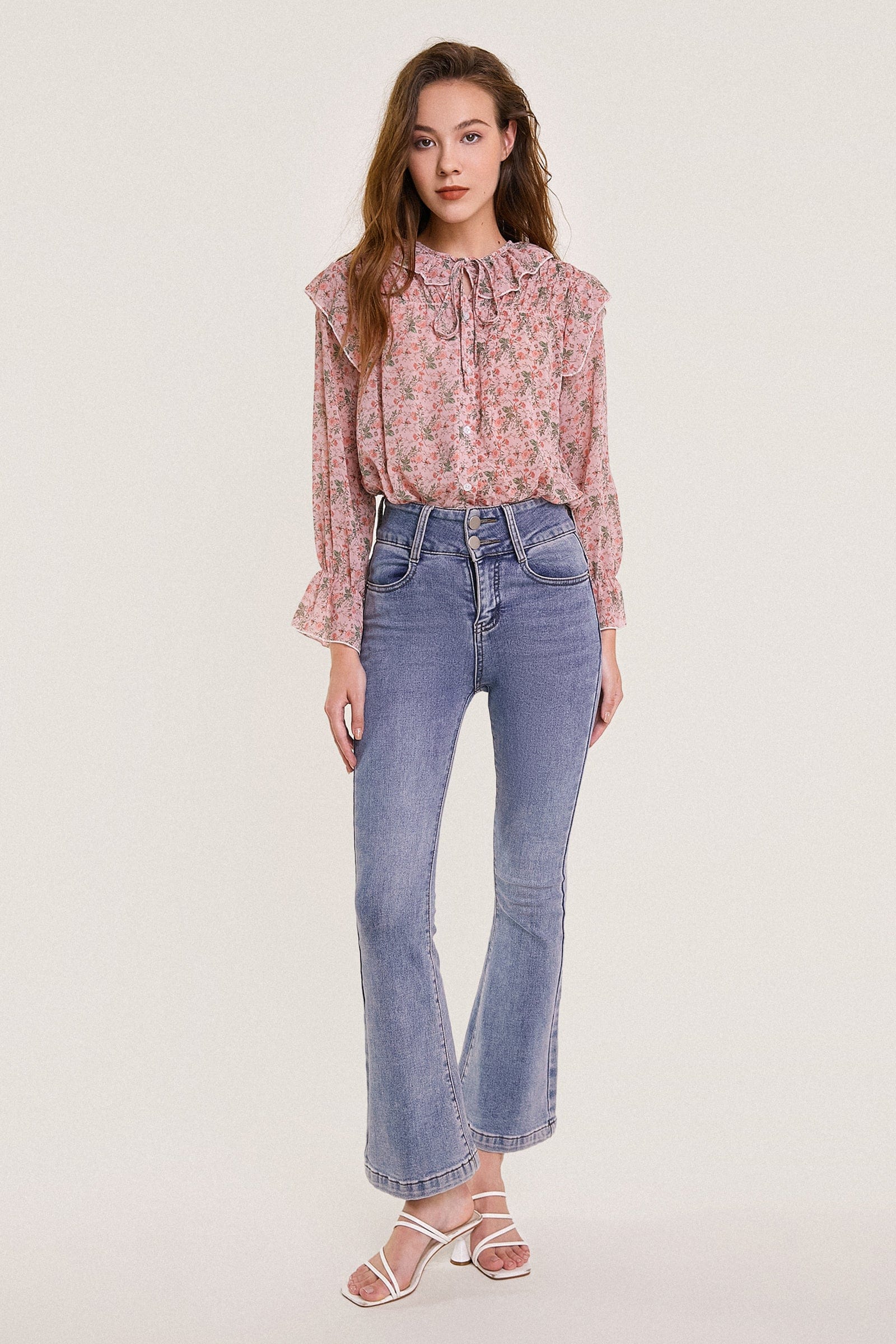 Pink Floral Print Tie Detail Ruffled Chiffon Blouse