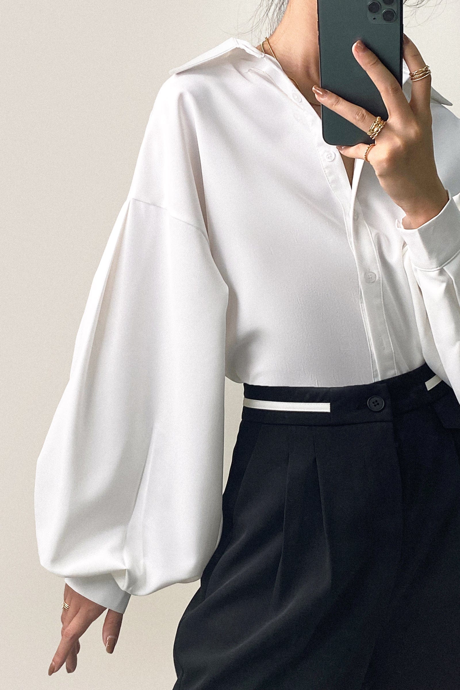 White Button-Up Lantern Sleeve Shirt