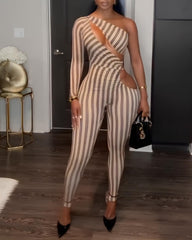 Striped Colorblock One-shoulder Cutout Long-sleeved Stretch Jumpsuit