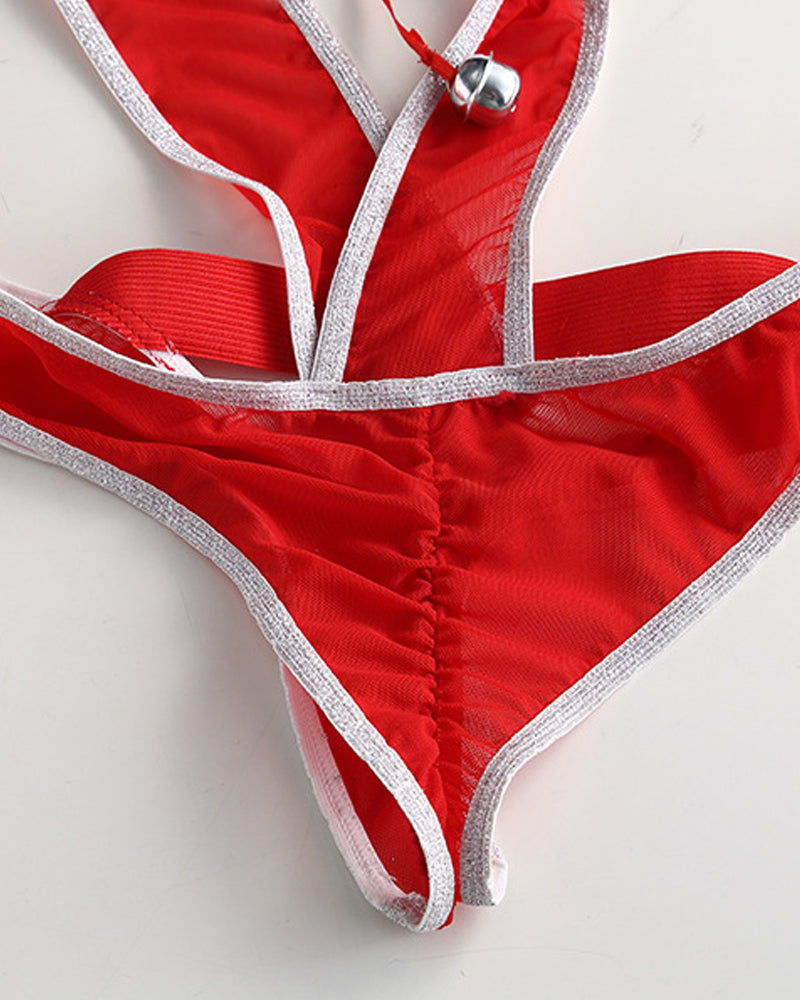 Christmas Deep V Bell Decorated Bodysuit Lingerie with Santa Hat Headband Set