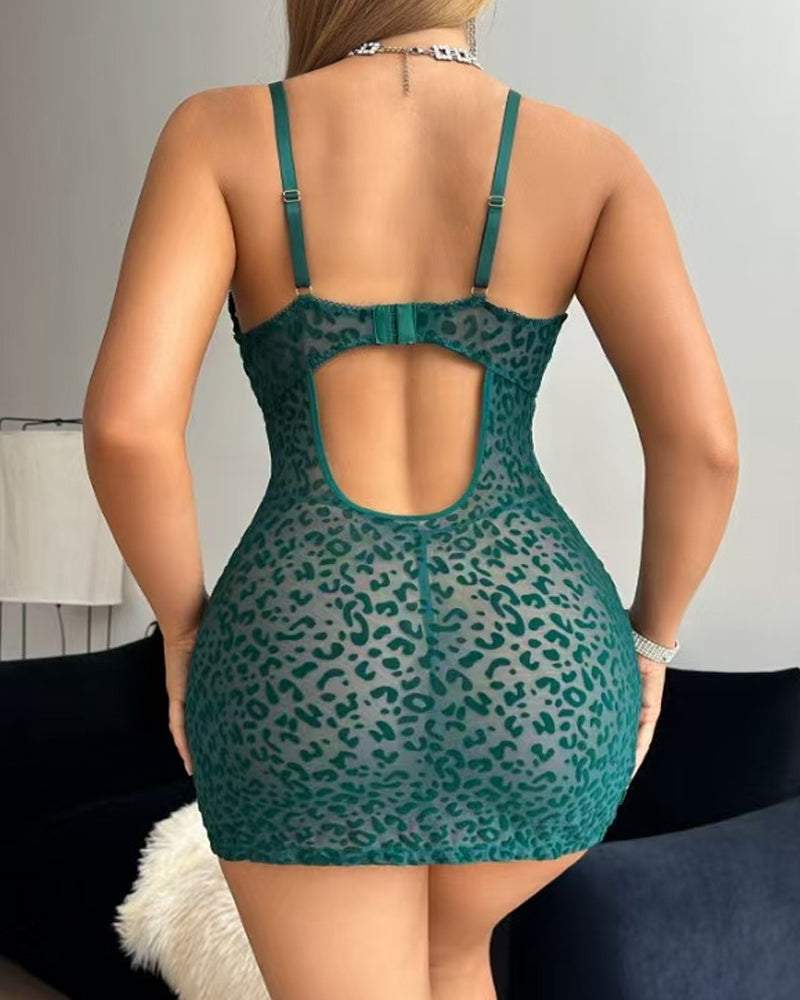 Deep V Flocked Leopard Print See-Through Mesh Bodycon Nightgown