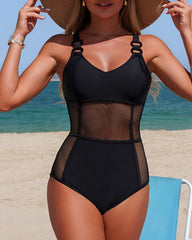 Fashion See-through Mesh Spliced stretch One-piece Swimsuit