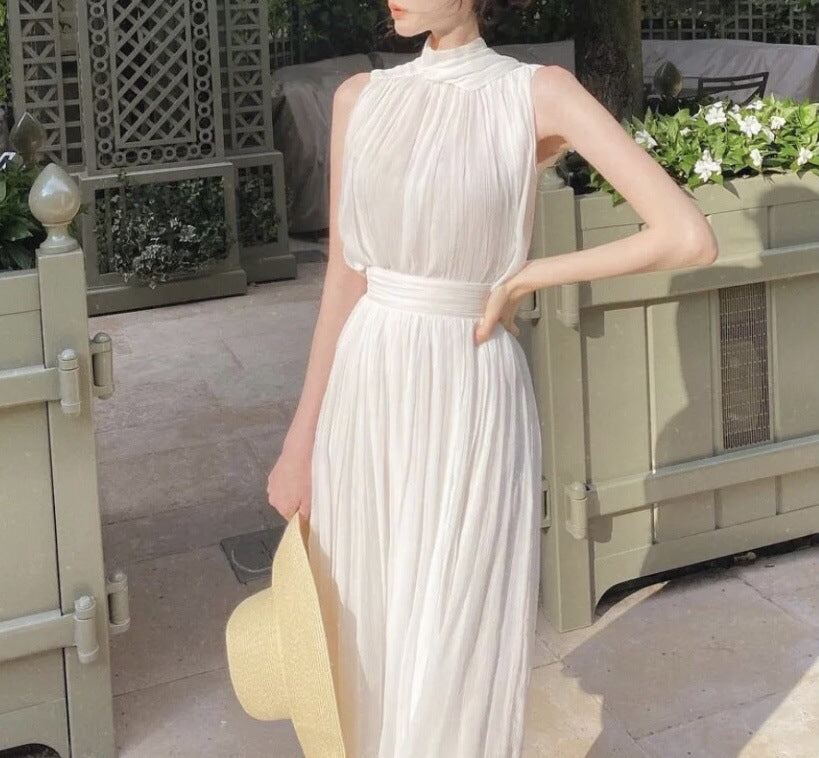 White Sleeveless Pleat Detail Spaghetti Strap Midi Dress