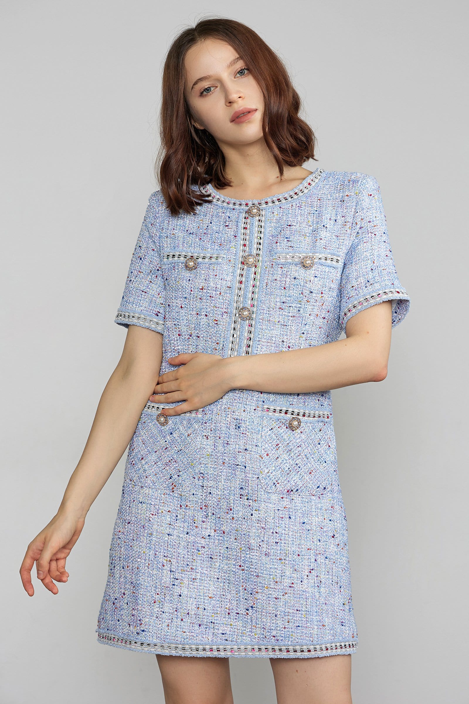 Librada Blue Button Short Sleeve Mini Dress