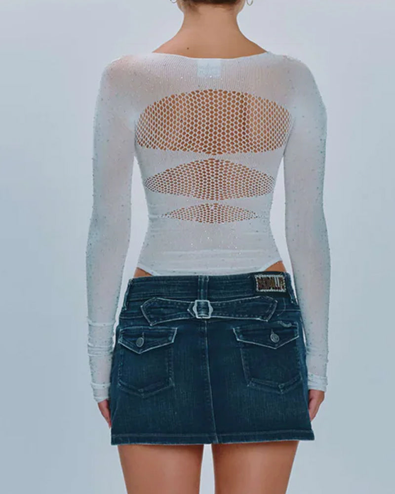 Rhinestone Stretch Fishnet Round Neck Long Sleeve Bodysuit