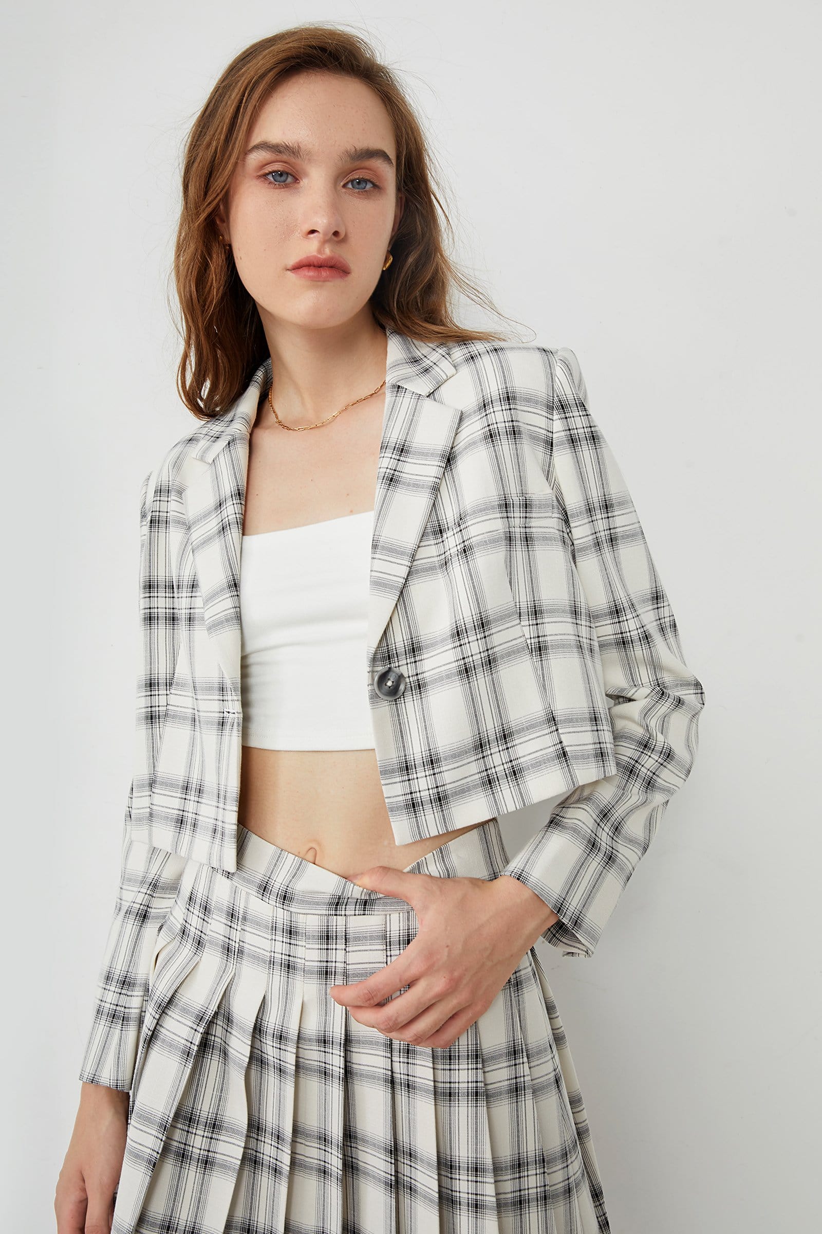 Elliott White Crossbar Plaid Print Blazer