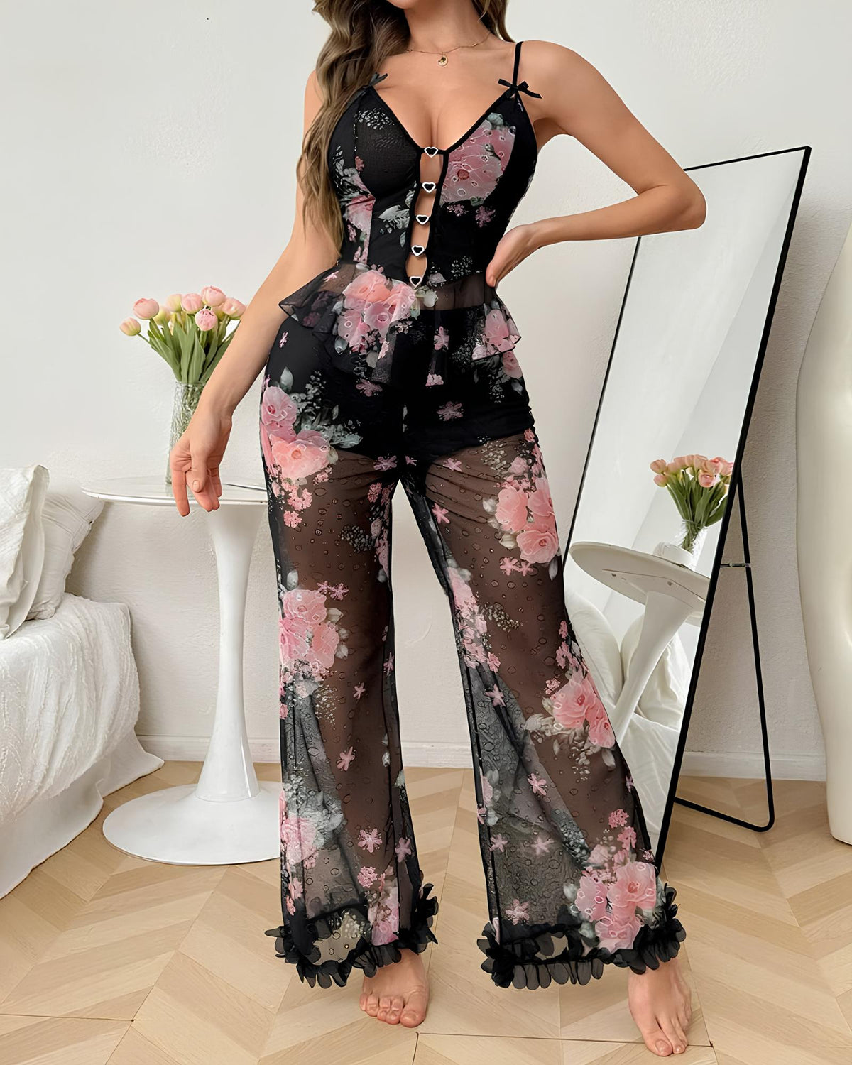 Floral Mesh See-through Ruffled Camisole and Trousers Pajama Set
