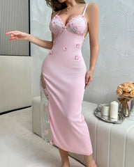 Deep V Mesh See-through Embroidered Floral Long Slip Dress