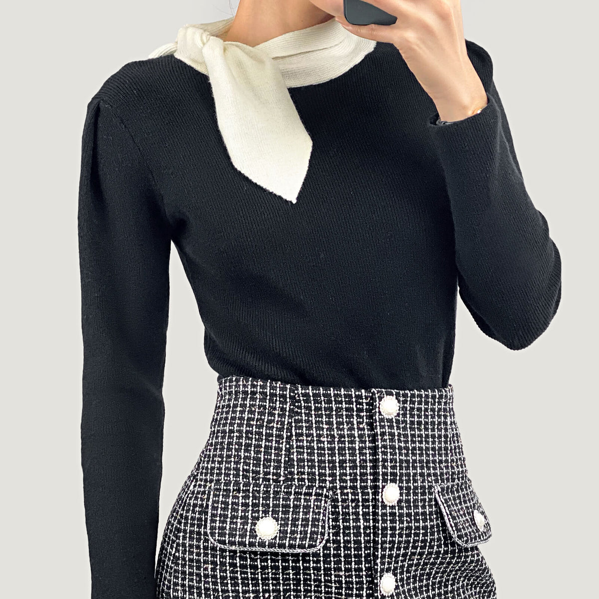Black Turtleneck Color Block Tie Detail Sweater