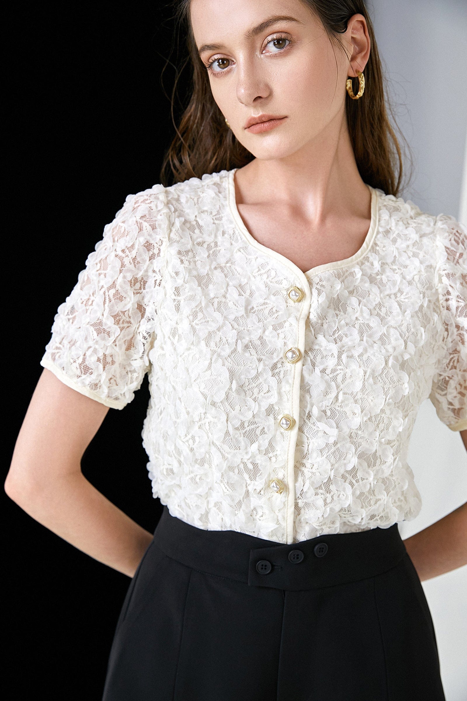 Light Yellow Textured Floral Button Front Blouse