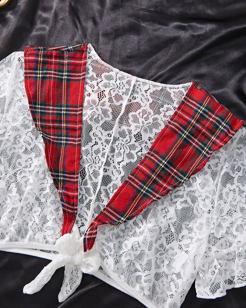 Uniform Cosplay See-through Lace Plaid Patchwork Erotic Lingerie Set with Stockings