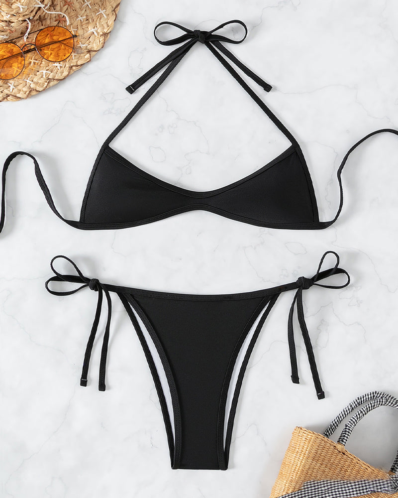Solid Color Halter Neck Mini Pleated Beach Bikini