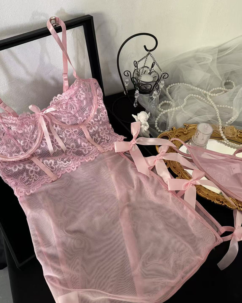 Mesh See-through Lace Bow Decoration Bodycon Nightgown Set