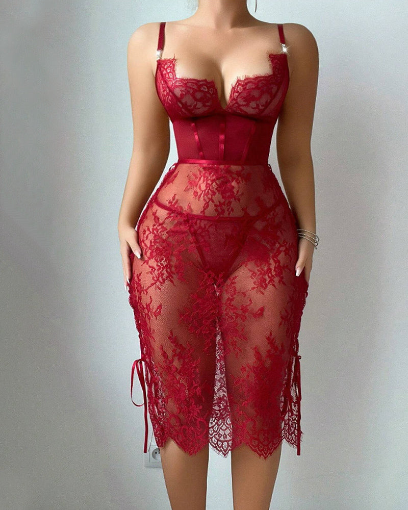Flower Lace Hollow See-Through Side Strap Long Suspender Dress