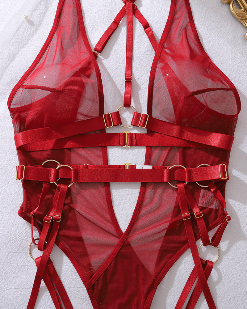 Holder Backless Metallic Strap See-Through Mesh Bodysuit
