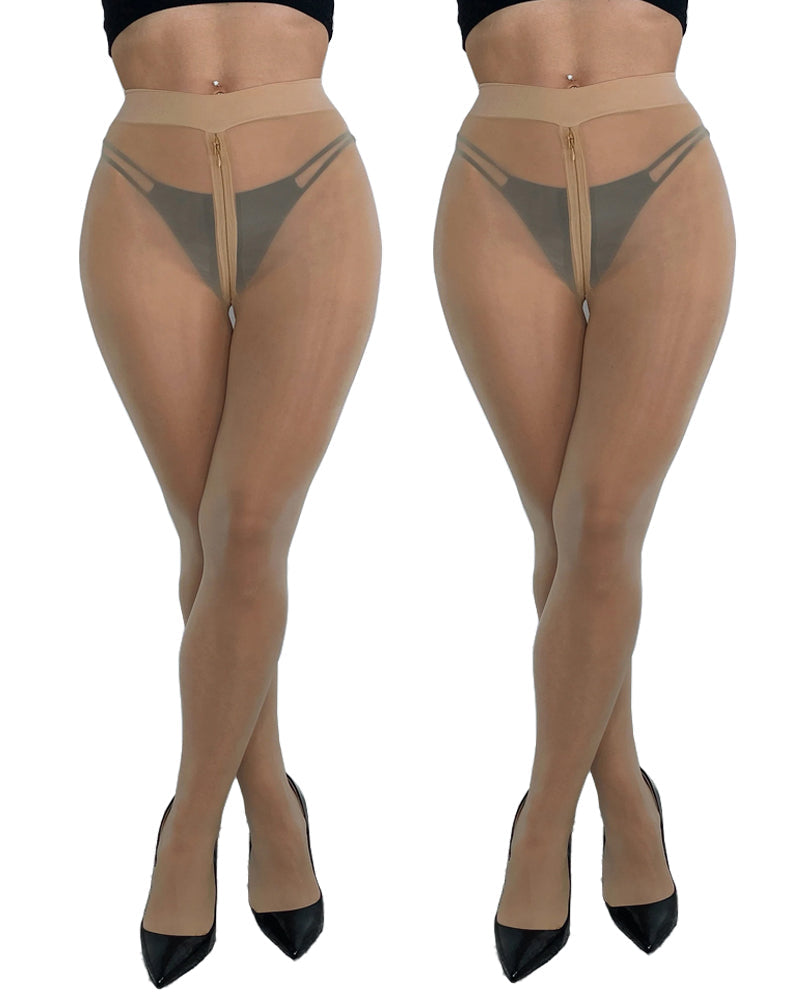 Two Pairs High Waisted Silky Shiny Transparent with Zipper Crotch Pantyhose