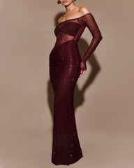 Christmas Sparkly Off-shoulder Fitted Sheer Mesh Long Dress