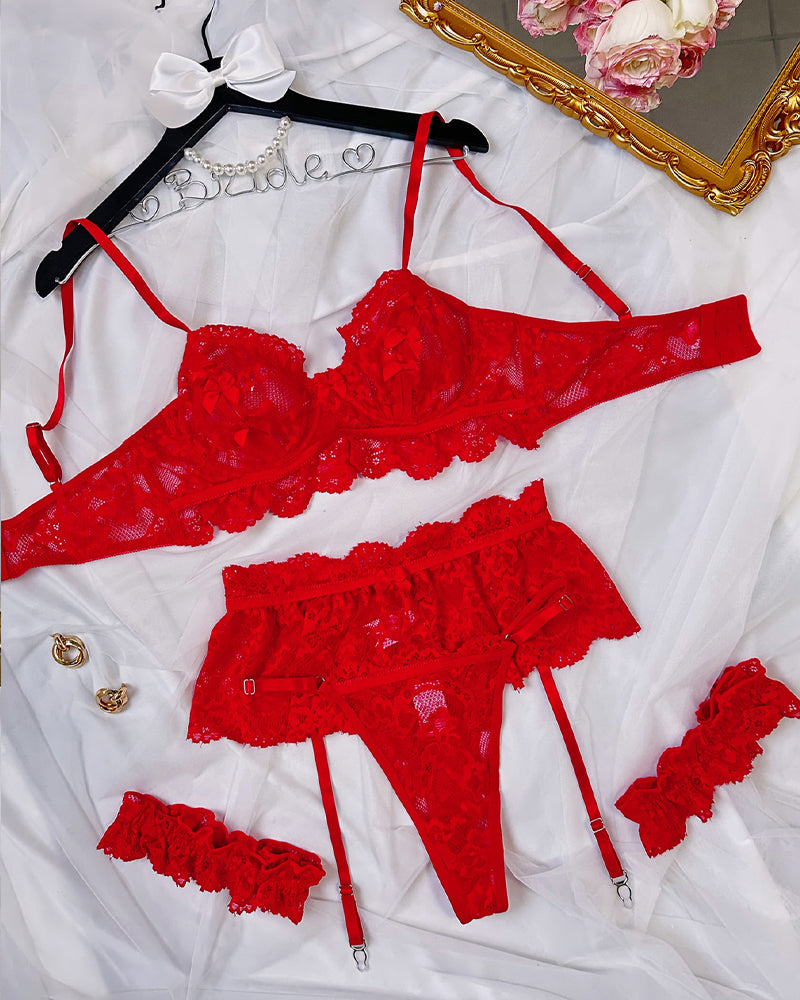 Floral Lace Mesh Underwire Bra Lingerie and Detachable Lace Thigh Garter Belt Set