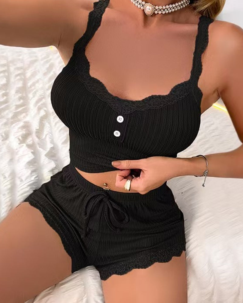 Women's Lace-Trimmed Breathable Ribbed Camisole and Elastic Waist Shorts Two-Piece Pajama Set