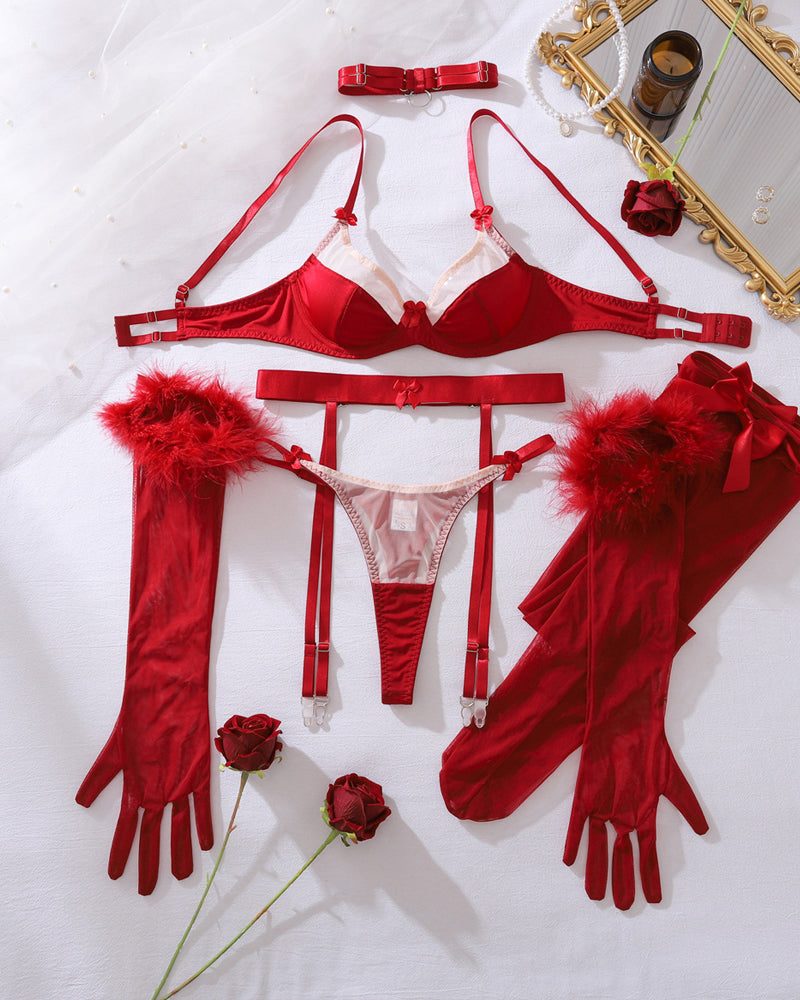 Bowknot Mesh Panel Bra and Panty Set + Gloves + Stockings