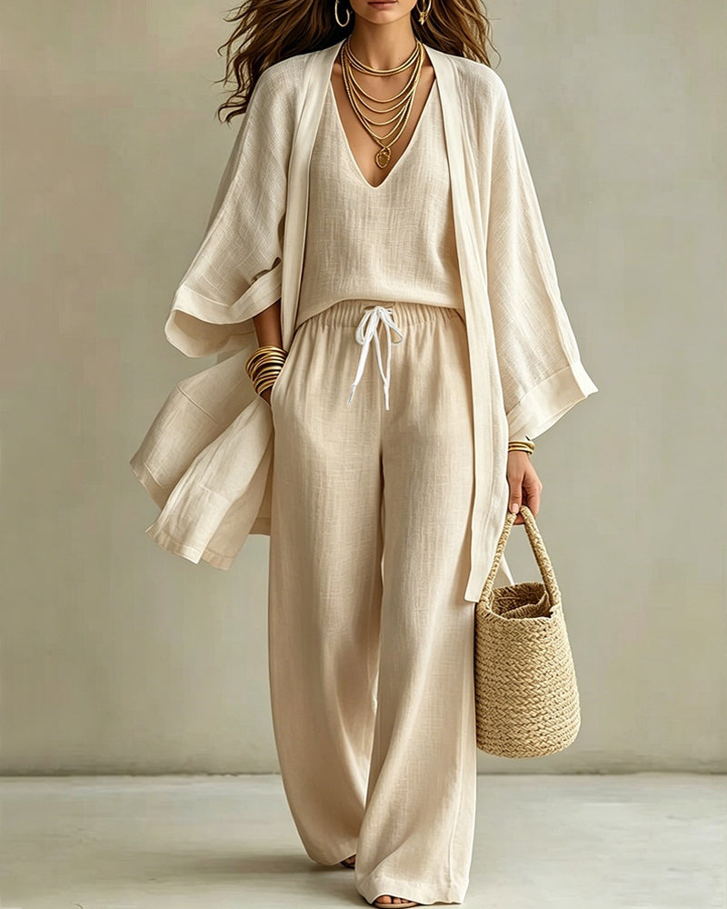 Casual Loose Cotton Linen Sleeveless Vest, Wide-leg Pants and Cardigan Three-piece Set