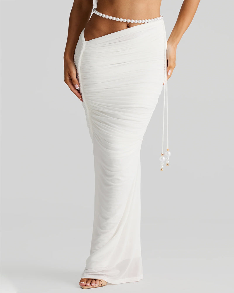Pearl-embellished Cropped Tube Top Low-waisted Bodycon Maxi Skirt Suit