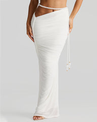 Pearl-embellished Cropped Tube Top Low-waisted Bodycon Maxi Skirt Suit