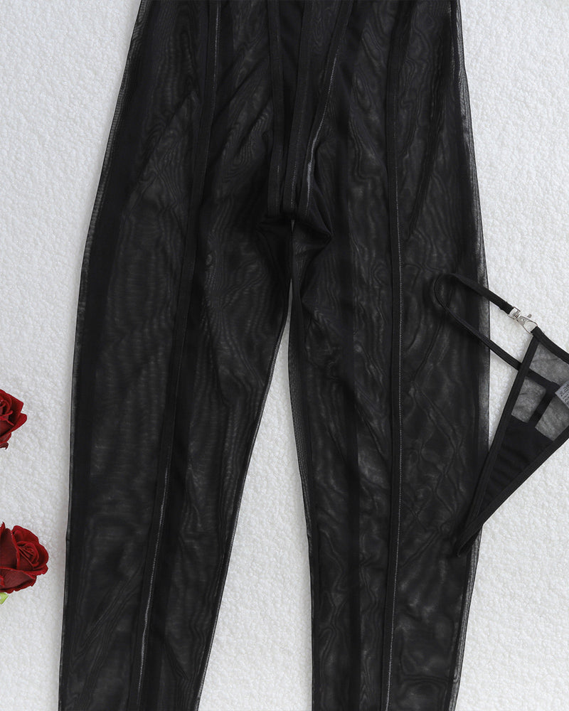 Vertical Striped See-Through Tulle Slim-Fitting Halterneck Jumpsuit