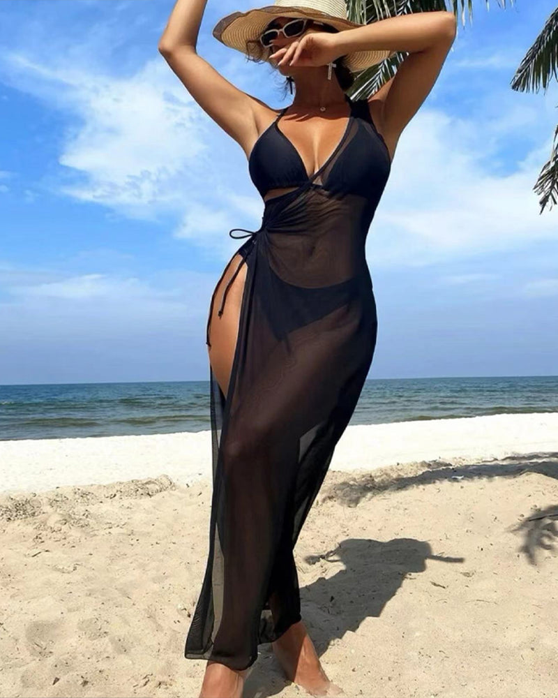 Solid Color Halter Bikini and One-shoulder Long Cover-up Set