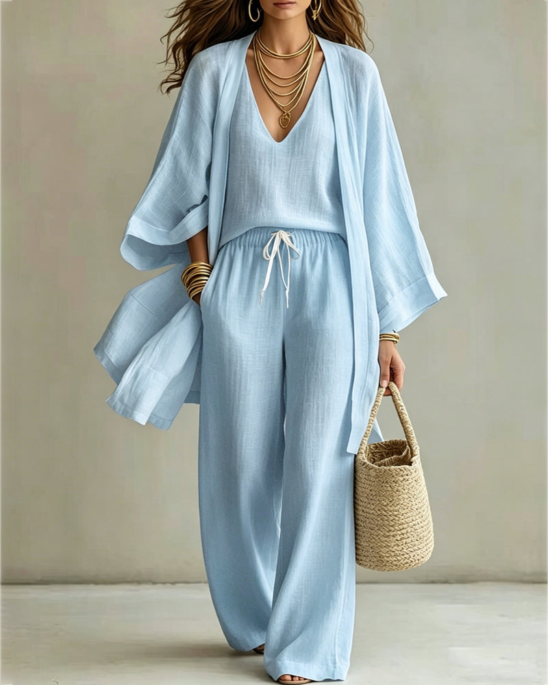 Casual Loose Cotton Linen Sleeveless Vest, Wide-leg Pants and Cardigan Three-piece Set