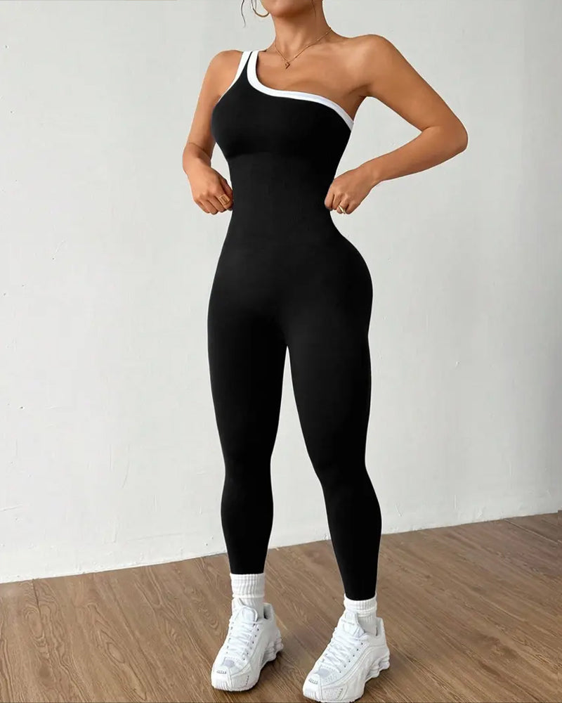 Women's One-Shoulder Knitted Sleeveless Slimming and Buttock-Lifting Sports Yoga Jumpsuit