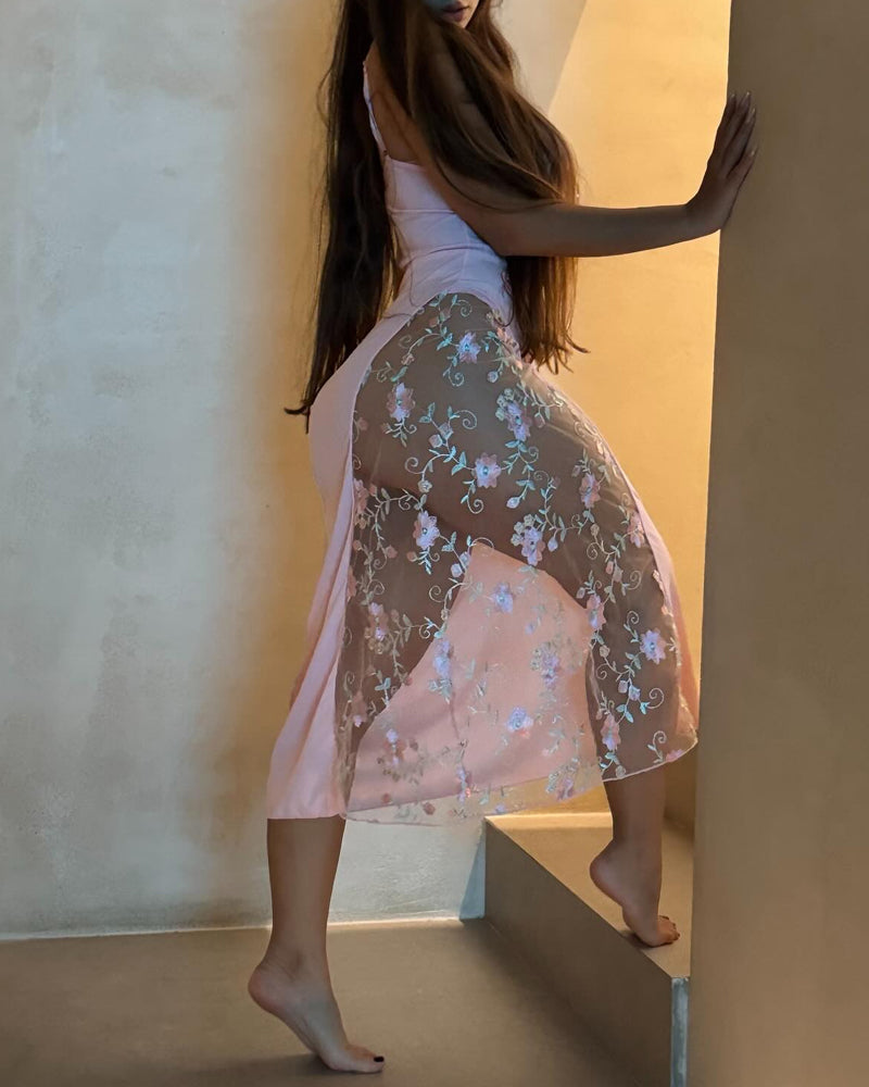Deep V Mesh See-through Embroidered Floral Long Slip Dress