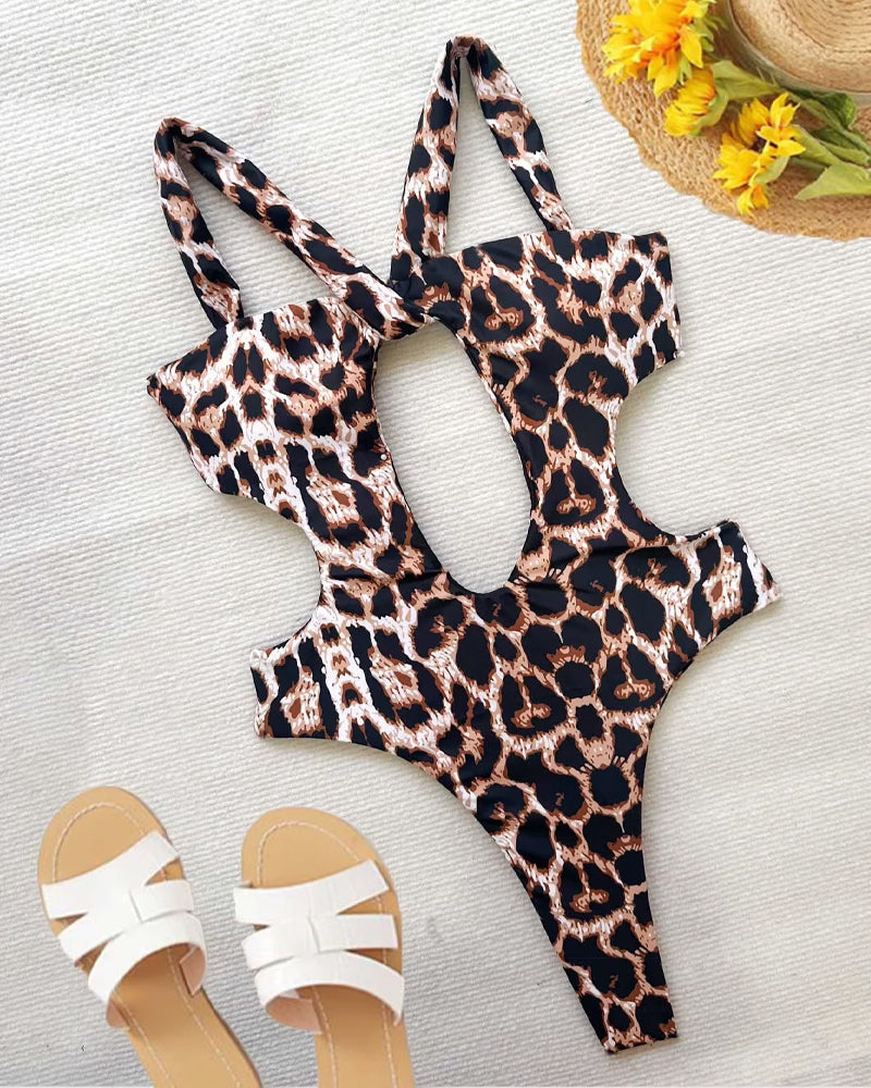 Beach Vacation Halter Neck Open-back One-piece Swimsuit