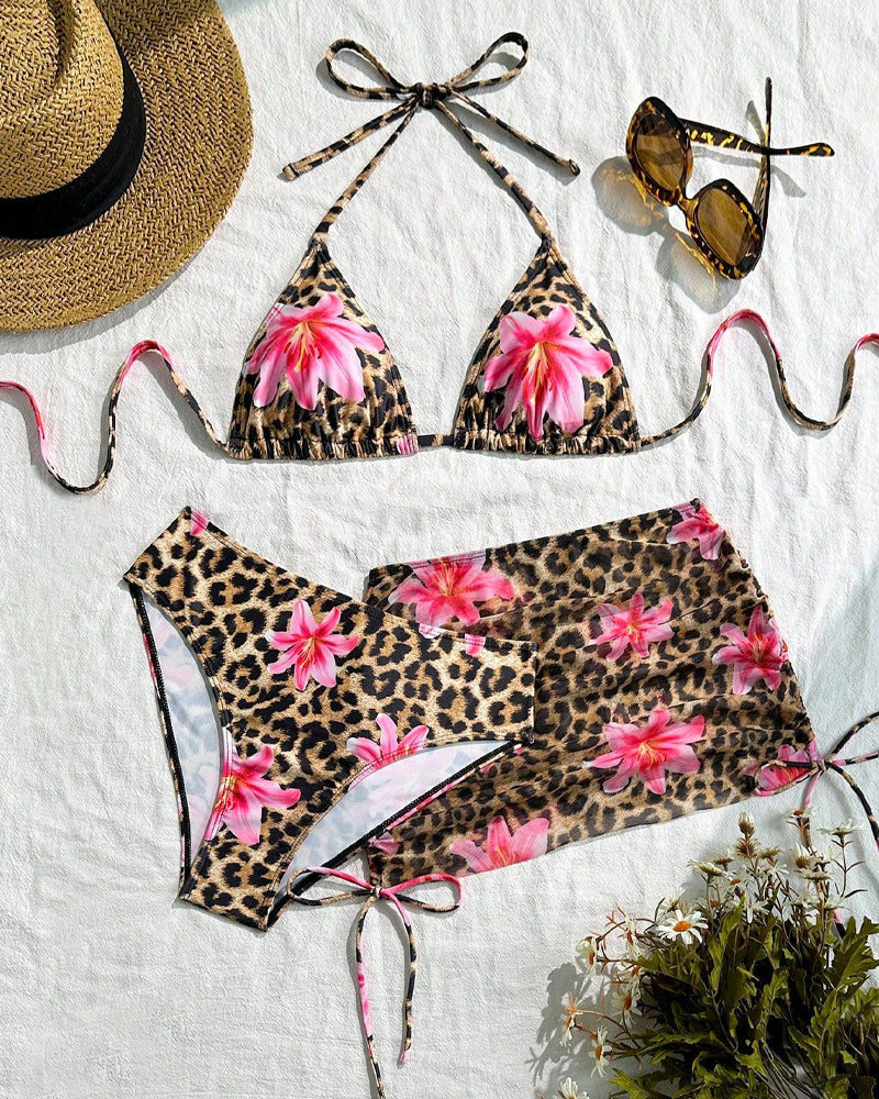 Halter Neck Leopard Print Beach Vacation Bikini Set