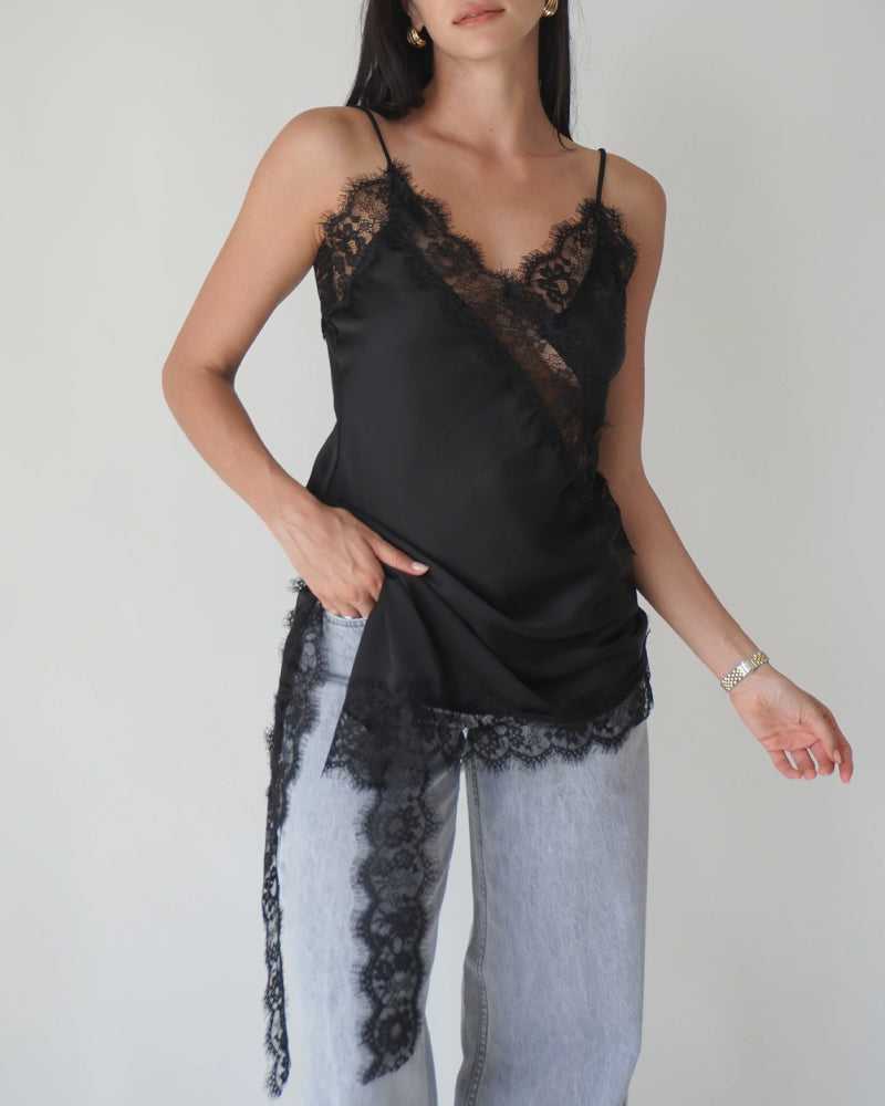 V-neck Ice Silk Lace Patchwork Asymmetrical Casual Suspender Mini Dress