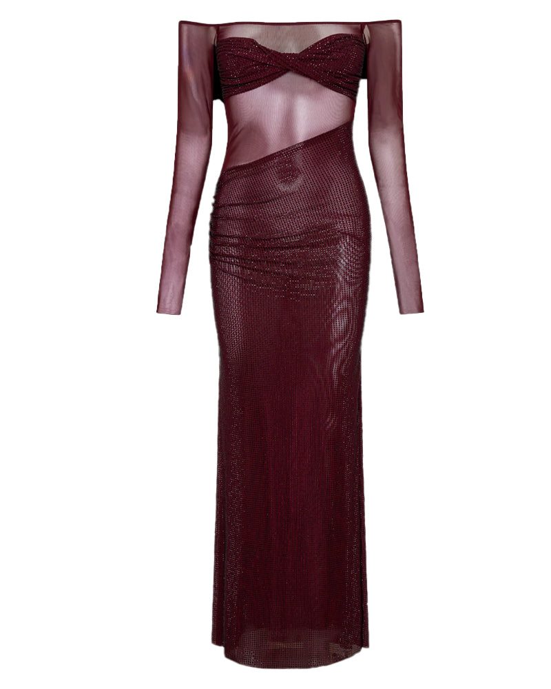 Christmas Sparkly Off-shoulder Fitted Sheer Mesh Long Dress