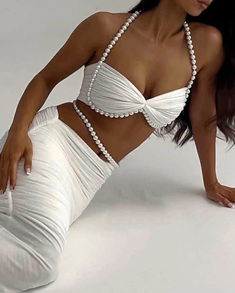 Pearl-embellished Cropped Tube Top Low-waisted Bodycon Maxi Skirt Suit