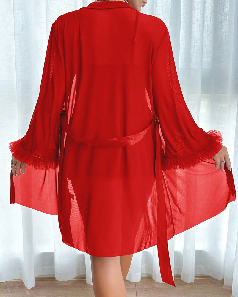 Lace See-through Mesh Camisole Nightgown and Robe Set
