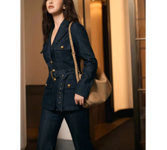 Metal Button Tweed Belted Blazer